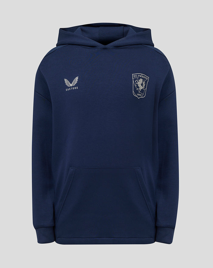 Front view of navy FC Twente Travel Overhead Hoody with hood and crest on chest