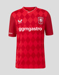 FC Twente home shirt 25/26 junior red diamond pattern with club crest on left chest and ggmastro sponsor across front