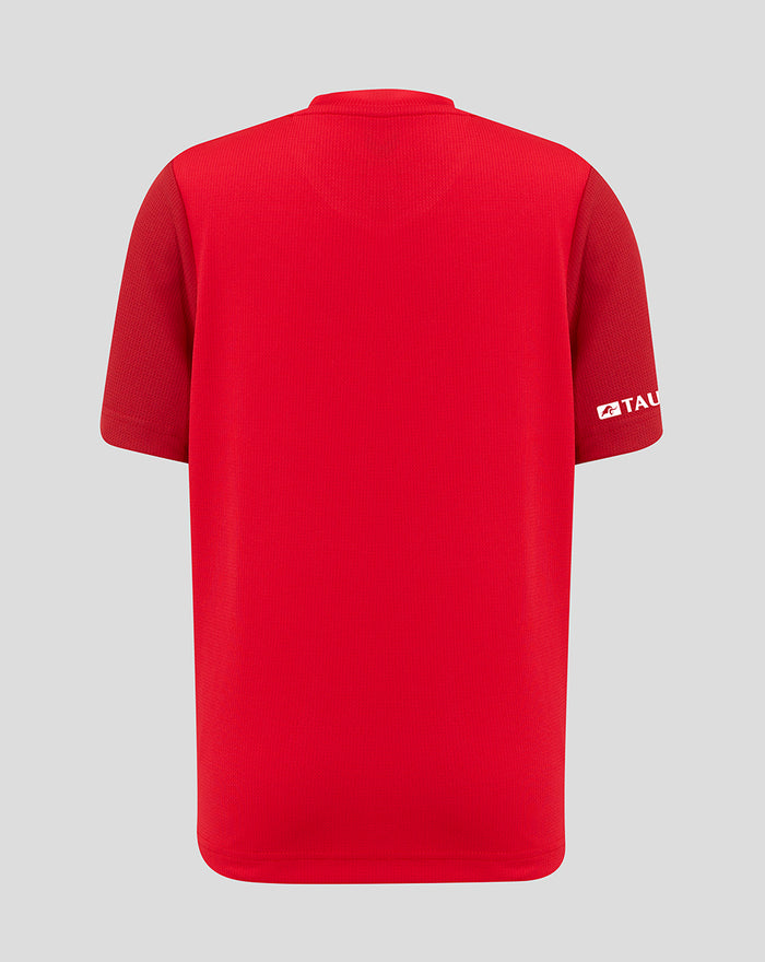 Back view of FC Twente home shirt 25/26 junior red with plain back and white trimmed collar
