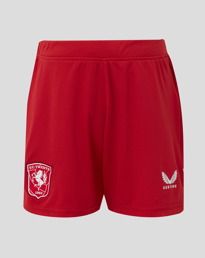 Back view of red FC Twente home shorts with elastic waistband and club crest patch