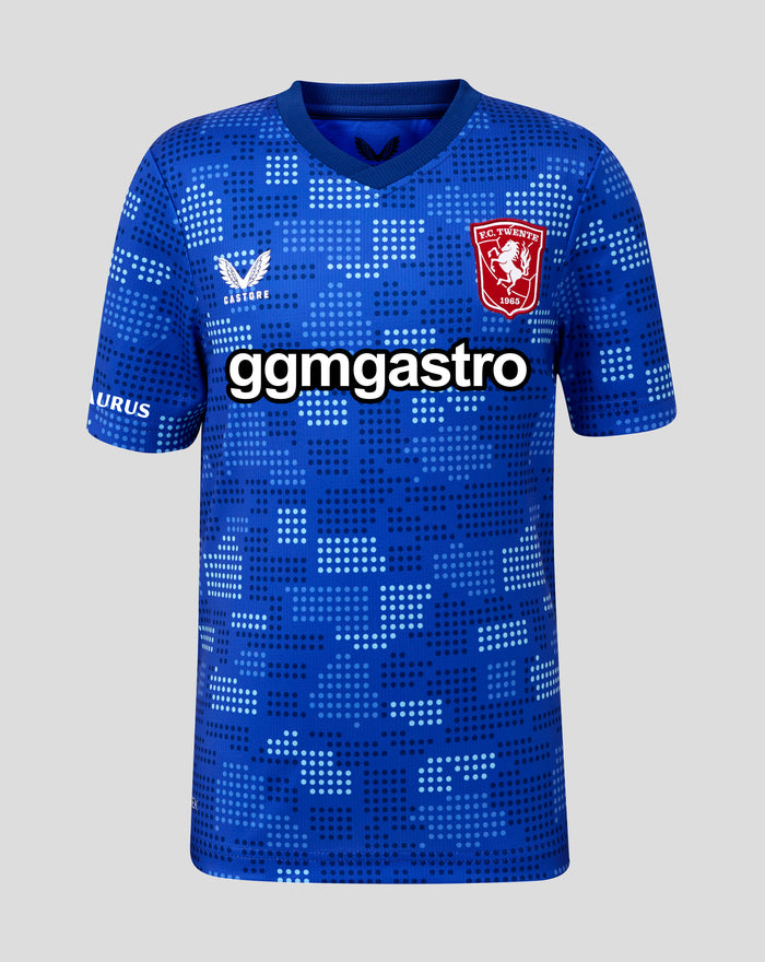 Blue FC Twente junior shirt with dot pattern and chest crest