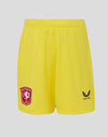 Yellow junior FC Twente keeper shorts with red team crest on left leg and Castore logo on right.