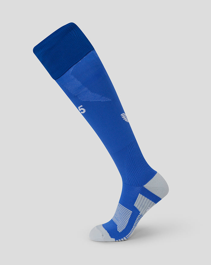 Blue FC Twente junior long socks with white logo and padded heel and toe