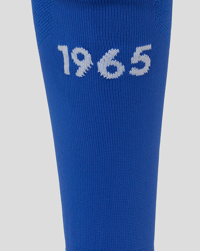Blue FC Twente junior socks close up with 1965 on the shin and Castore wings on the calf