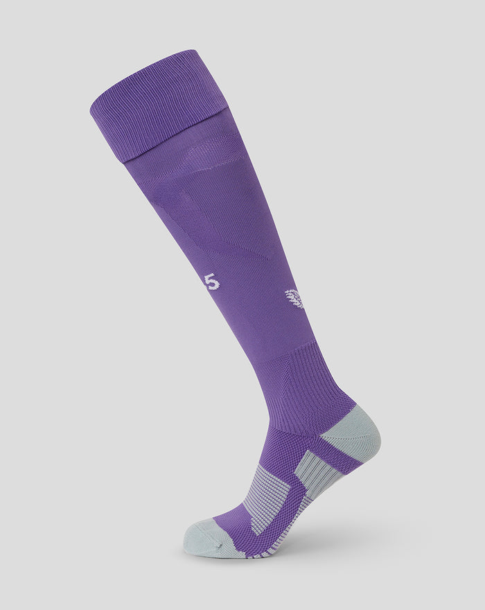 Purple FC Twente keeper socks featuring a white wing emblem and reinforced toe and heel