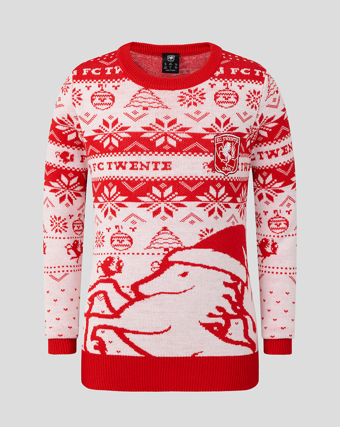 Junior FC Twente Christmas sweater in red on white with festive motifs and the club crest.