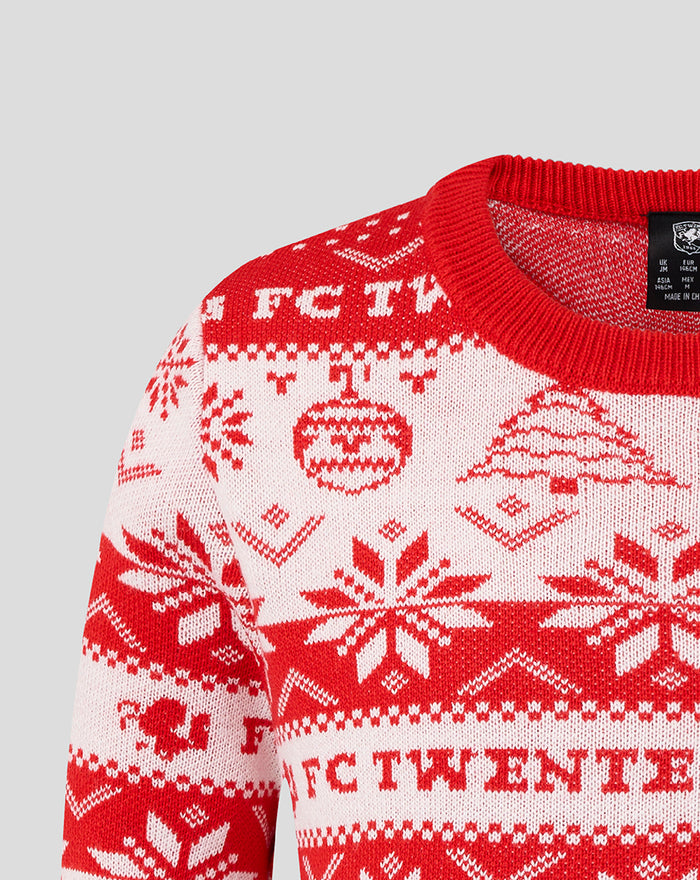 Red and white FC Twente Christmas sweater featuring snowflake motifs and a crest