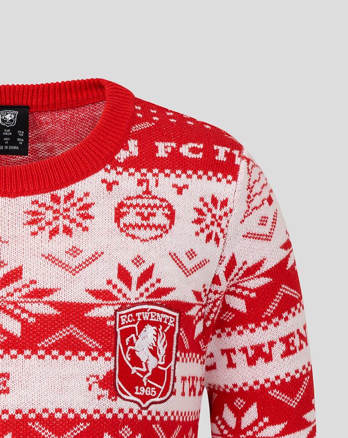 Junior FC Twente Christmas sweater in red and white with crest detail and festive patterns