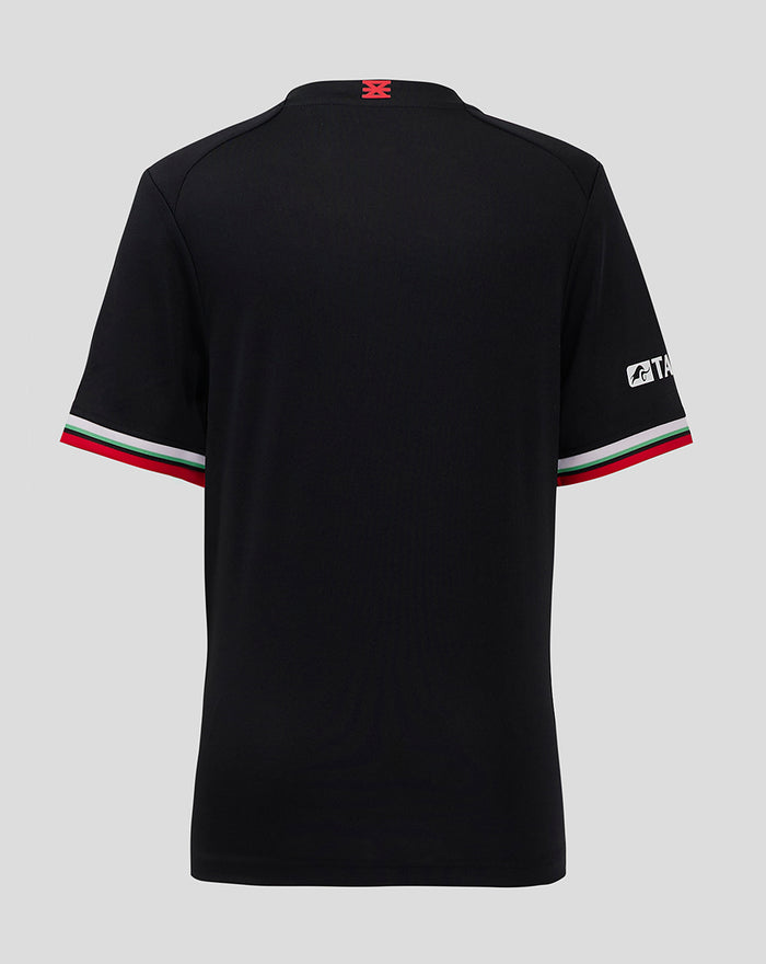 Back view of FC Twente third shirt 25/26 junior black jersey with red neck tab and tricolor sleeve cuffs