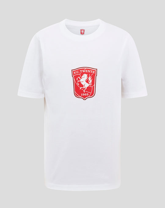 White junior FC Twente core logo T shirt with red crest on front