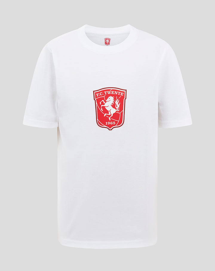 White junior FC Twente core logo T shirt with red crest on front