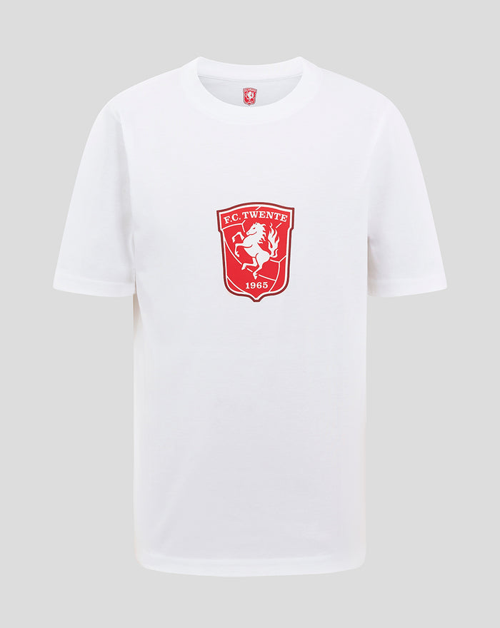 White junior FC Twente core logo T shirt with red crest on front