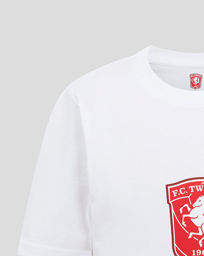 Shoulder and neckline close-up of white FC Twente core logo T shirt with partial red crest on chest
