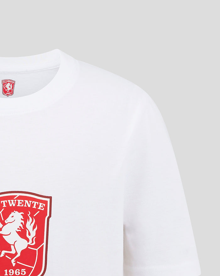 Front close-up of white FC Twente core logo T shirt with large red crest on chest