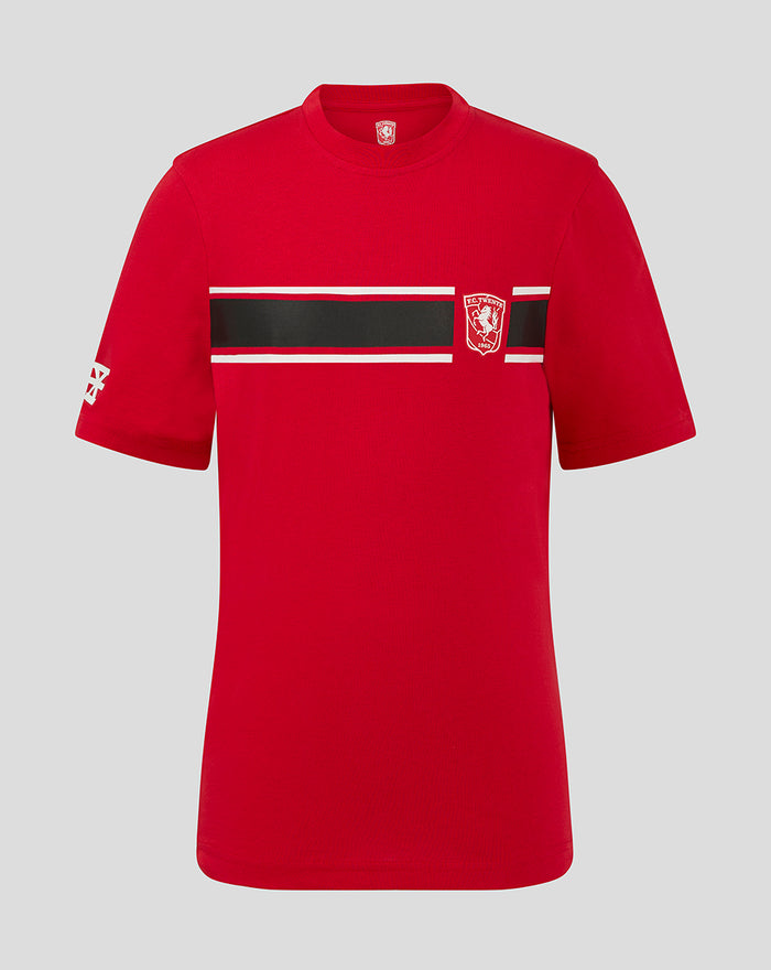 Red FC Twente Classic T-shirt junior with black horizontal stripe and crest on the left chest.