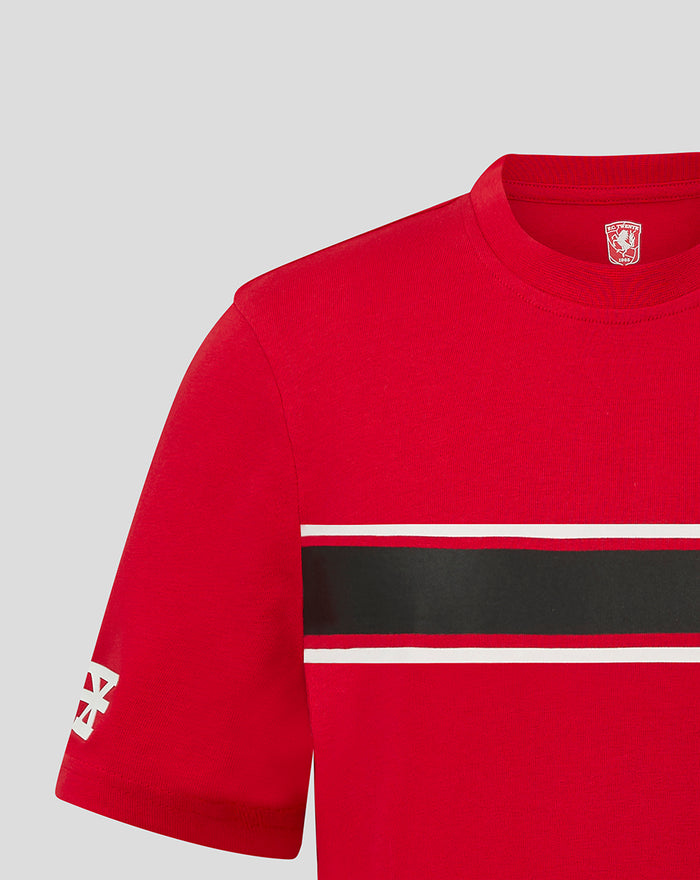 Red FC Twente Classic Junior T-shirt close-up of shoulder and chest with striped panel and crest detail.