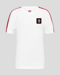 FC Twente junior white cotton T-shirt with red shoulder stripes and a crest patch on the chest