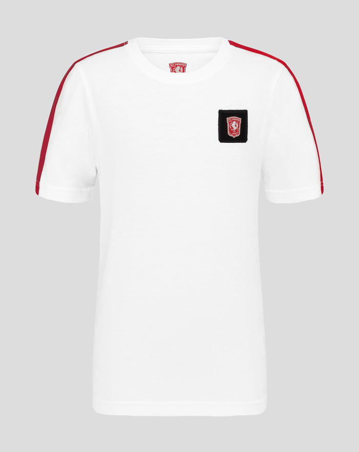 FC Twente junior white cotton T-shirt with red shoulder stripes and a crest patch on the chest