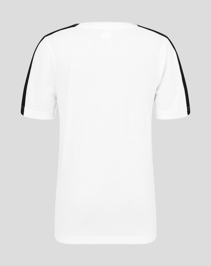 Back view of FC Twente junior white cotton T-shirt with black shoulder stripes
