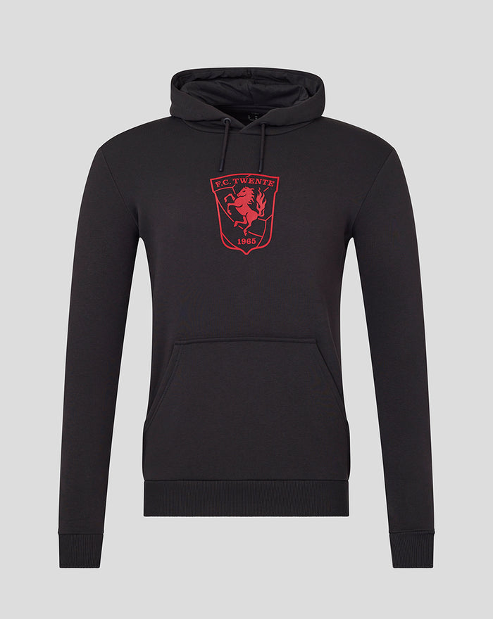 Front view of black FC Twente Core hoodie with red crest on chest