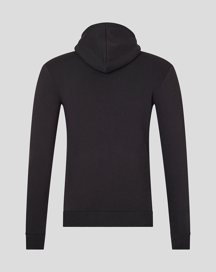 Back view of black FC Twente Core hoodie with hood up