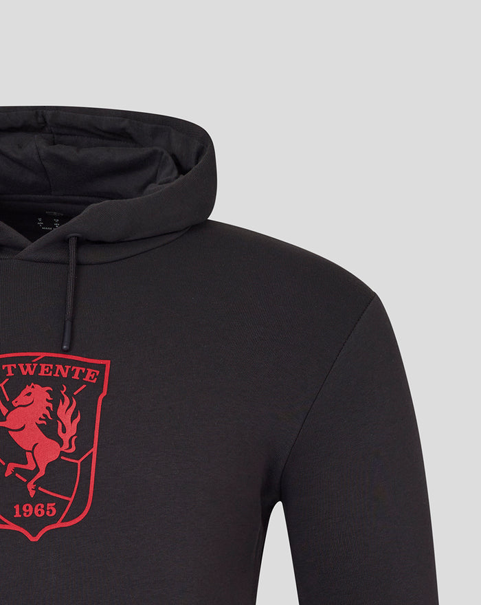 Black FC Twente Core hoodie for men with a red crest on the chest and a drawstring hood