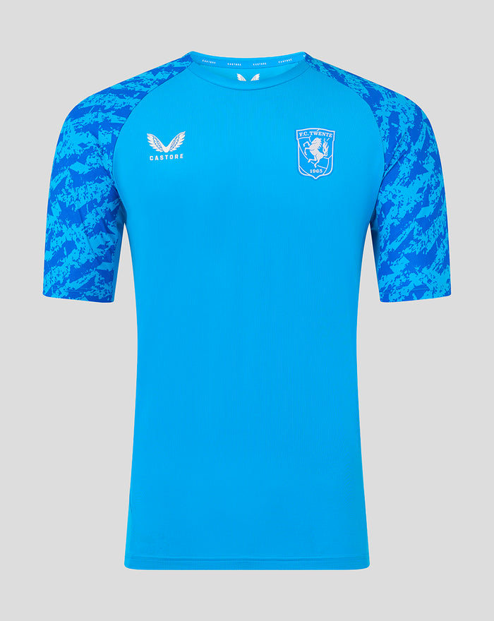 Bright blue FC Twente performance T-shirt with patterned sleeves and white crest on the chest