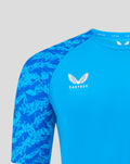 Front chest of FC Twente blue jersey featuring crest and camouflage sleeves