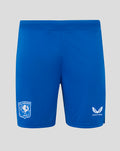 Front view of blue FC Twente performance shorts with crest on left leg and Castore logo on the right