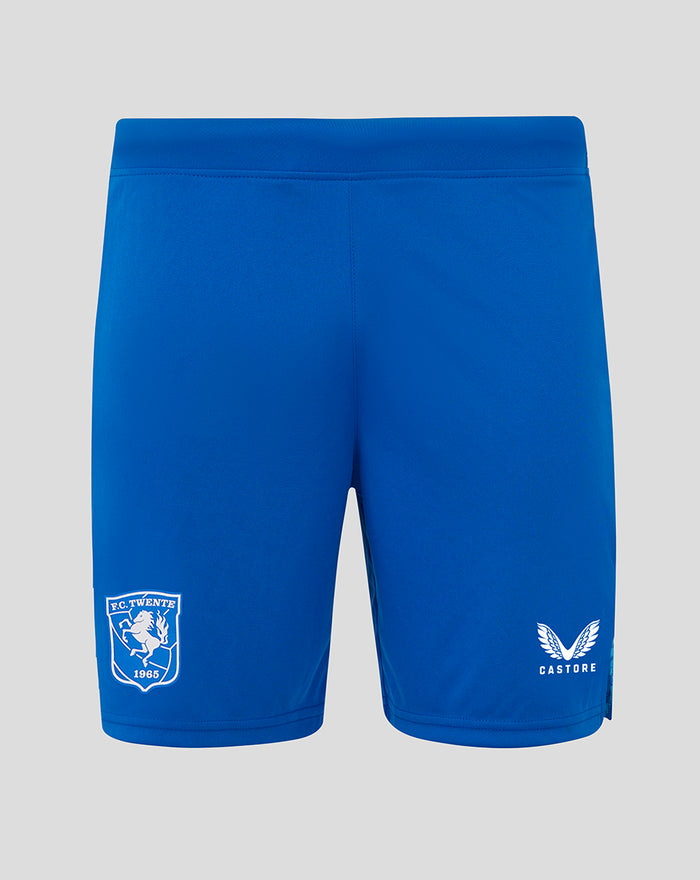 Front view of blue FC Twente performance shorts with crest on left leg and Castore logo on the right