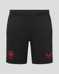 Zwarte FC Twente korte broek met rode clubbadge op het linkerbeen en Castore logo op het rechterbeen