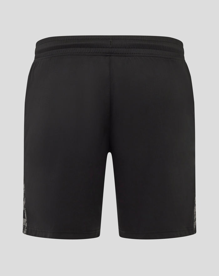 Achterkant van zwarte FC Twente korte broek met elastische tailleband