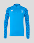Front view of bright blue FC Twente midlayer top with patterned sleeves and team crest
