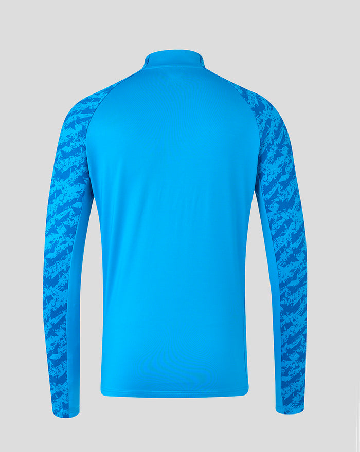 Back view of blue FC Twente midlayer top with patterned sleeves