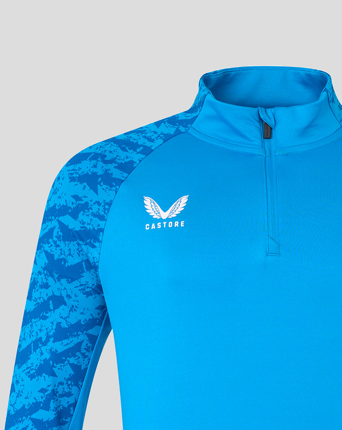 Blue FC Twente midlayer top with camo patterned sleeves and Castore logo on the chest
