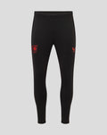 Front view of black FC Twente men's performance pants with a red club crest on the left thigh.