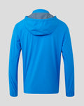 Back view of a bright blue FC Twente men's performance rain jacket with hood