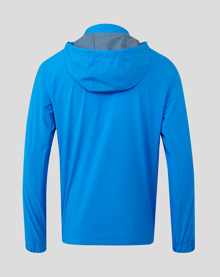 Back view of a bright blue FC Twente men's performance rain jacket with hood
