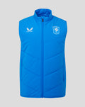 Front view of bright blue FC Twente performance gilet with club crest on chest and full front zipper.