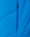 Close up of zipper and seam detailing on the blue FC Twente gilet fabric