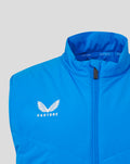 Blue FC Twente gilet close up of collar with crest and branded zipper pull