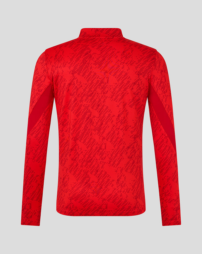 Back view of red FC Twente Matchday Midlayer Top with allover print and stand-up collar