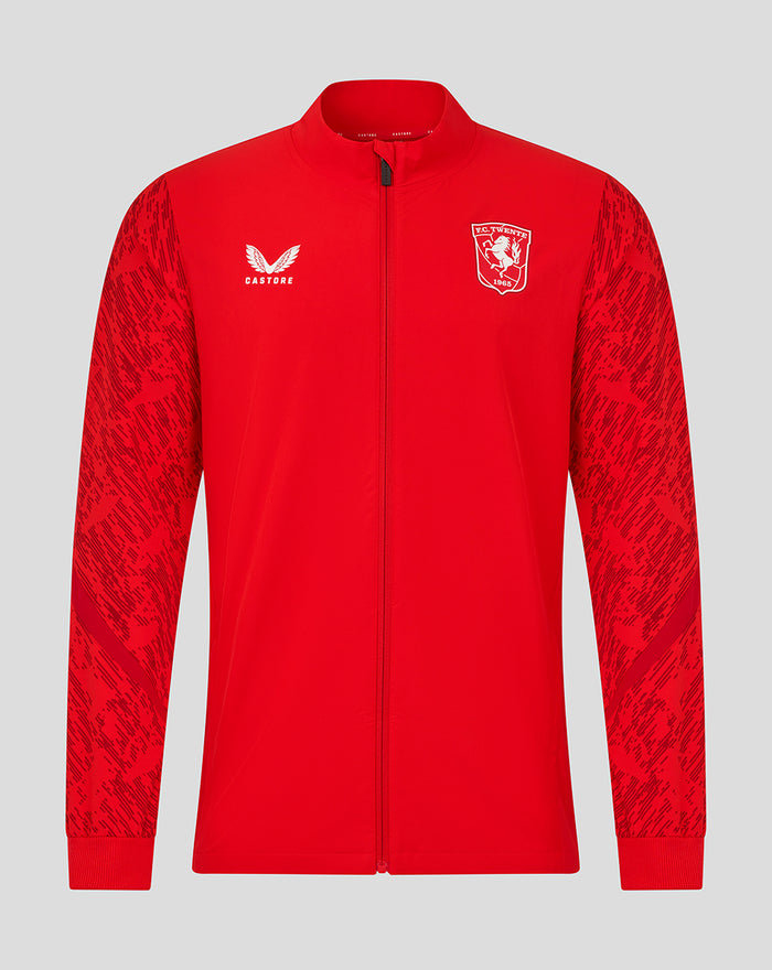 Red FC Twente Matchday Jack 25/26 men's jacket with full-length zipper, club crest on left chest and Castore logo on right chest, patterned sleeves