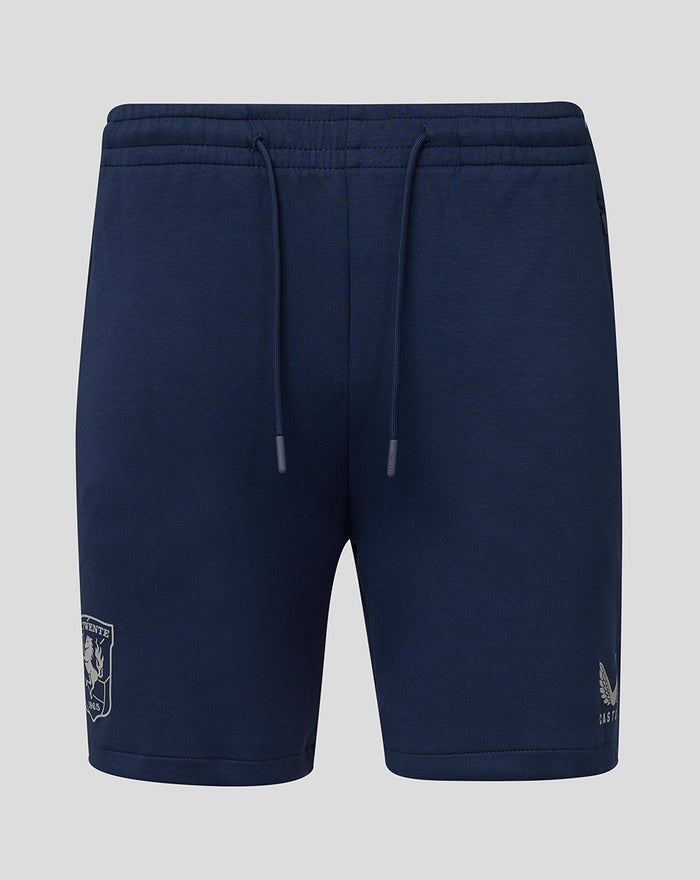Front view of navy FC Twente Travel Knit Short with drawstring waist and crest on the left leg.