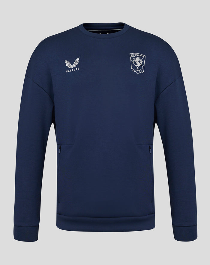Navy FC Twente travel crewneck sweater with front Castore logo and club crest.
