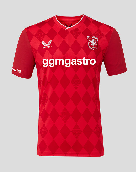 Rood FC Twente thuisshirt voor mannen met diamantpatroon en witte kraag