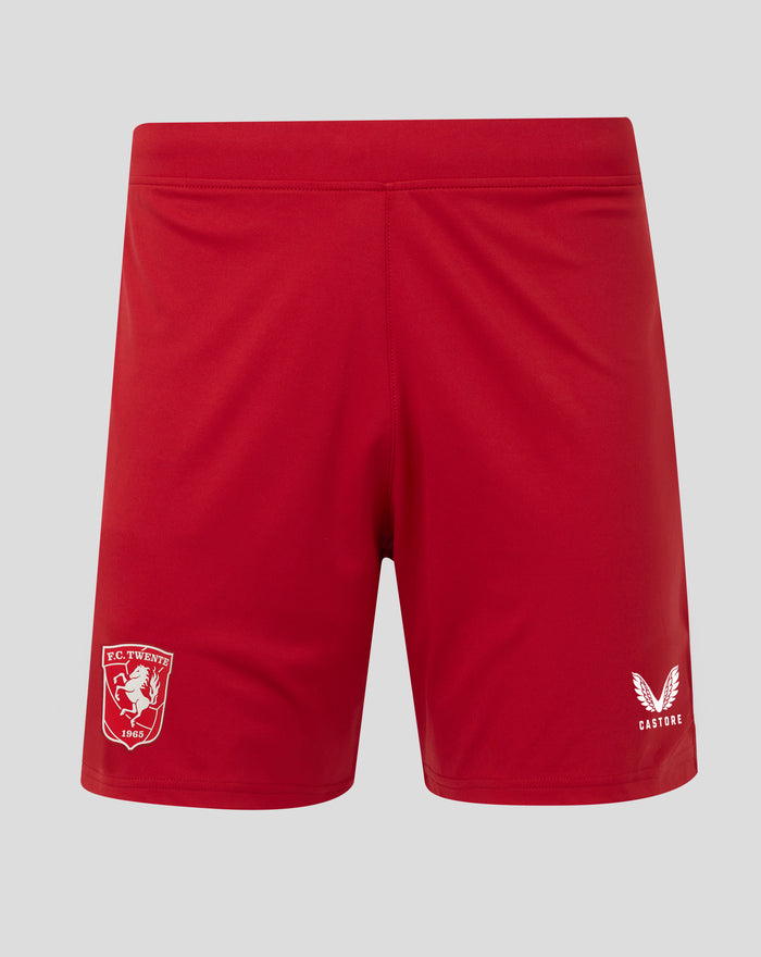 Red FC Twente home shorts 25/26 for men with elastic waistband and team crest on the left leg
