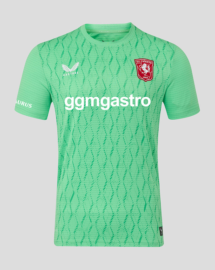 Front view of green FC Twente Keepershirt 25/26 for men with crest and bold sponsor text.