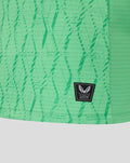 Closeup of light green FC Twente keeper shirt fabric with abstract print and Castore authenticity patch