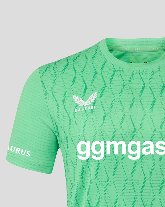 Groen keepershirt met borstclubbadge en grote sponsortekst op het voorpaneel.
